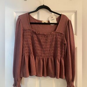 Altar'd State Deep Dusty Rose Colored Smocked Peplum Knit Blouse, NWT